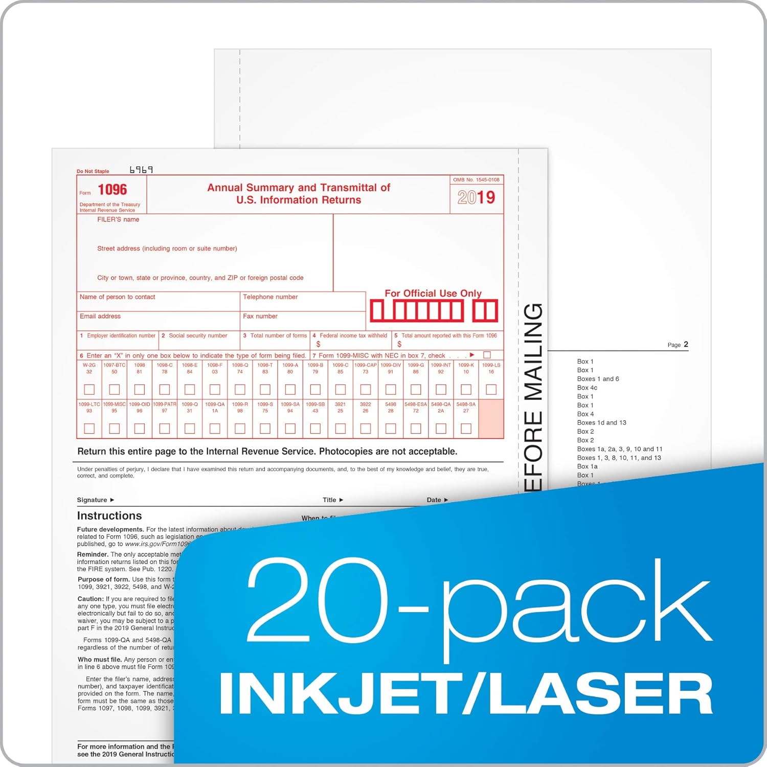 Adams 1096 Forms 2019, Transmittal Forms, 1 Part Inkjet/Laser Forms, 20 per Pack (TXA1096) : Office Products