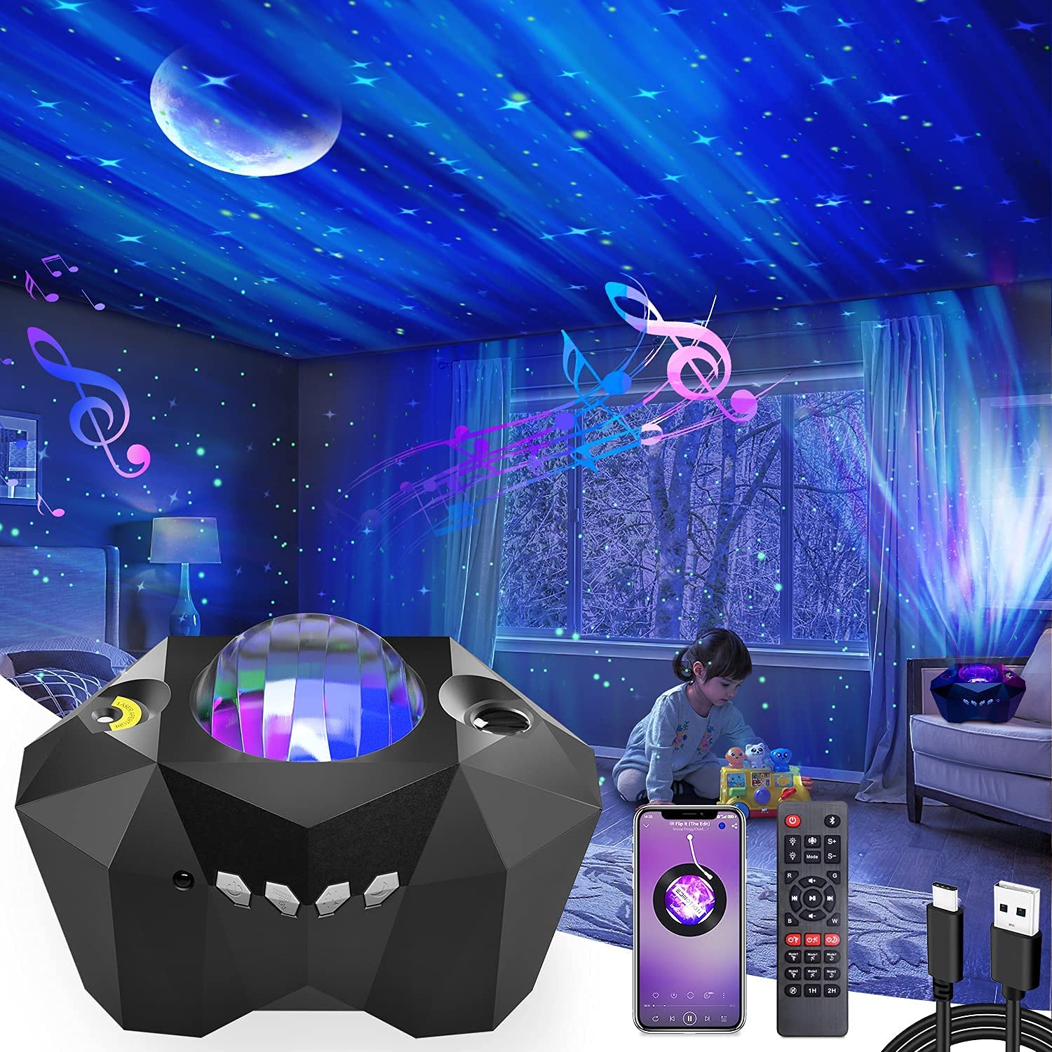 MDDT Ltd, night light projector, 3 in 1 night light. Provides multiple colours and 3 projections the Aurora, the Moon and a Starry Night. Also 10 lightingmode colours to choose from., Black