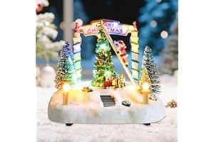 WONDER GARDEN Christmas Village Houses with Moving Train and Santa Climbing Ladder to Decorate Christmas Tree Musical Lighted Collectible Buildings for Home Indoor Decor or Gift