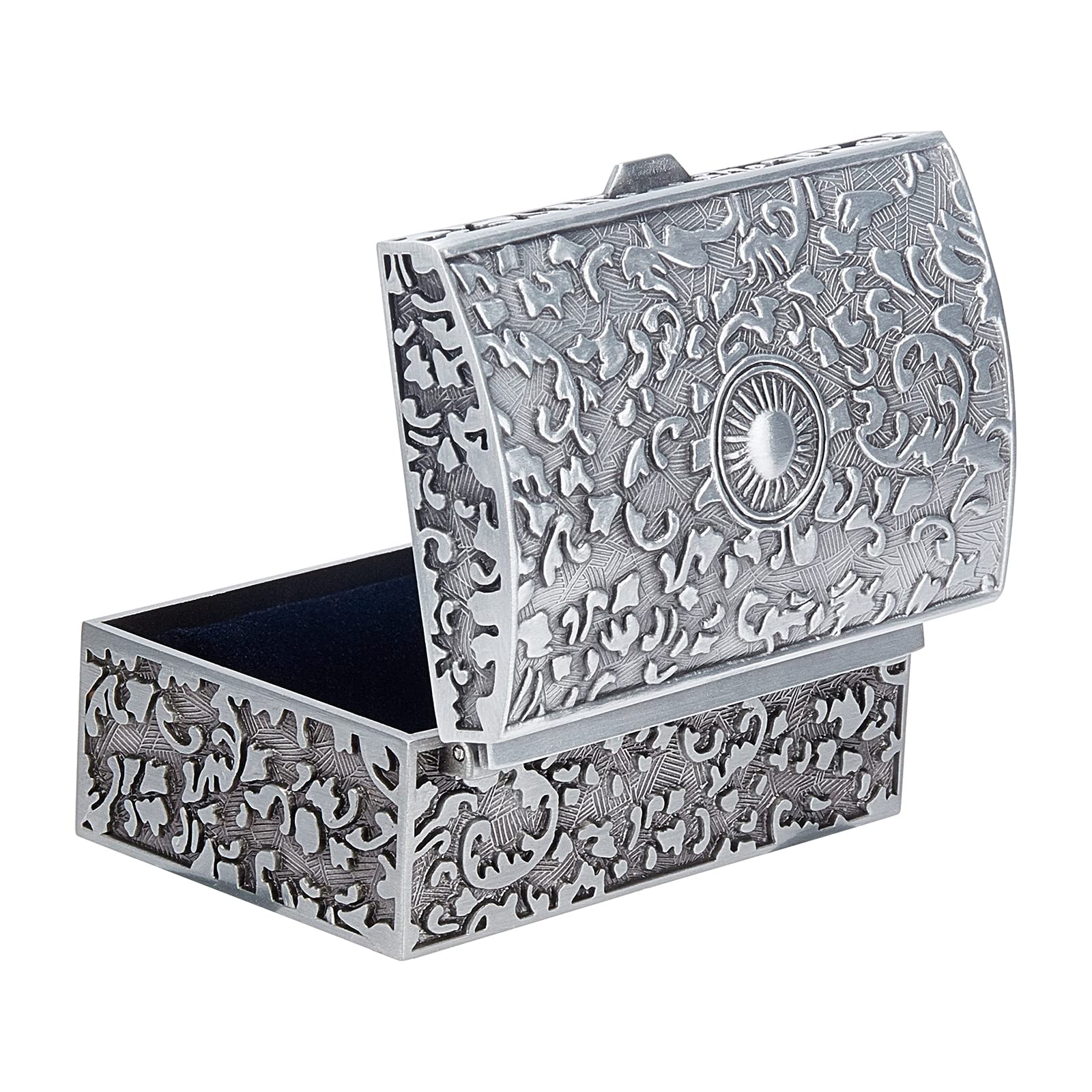 SUNNYCLUE Rectangle Vintage Jewellery Box Trinket Gift Storage Box Classic Small Mental with Flower European Retro Style Ring Earring Treasure Chest Organizer for Women Adults, Antique Silver