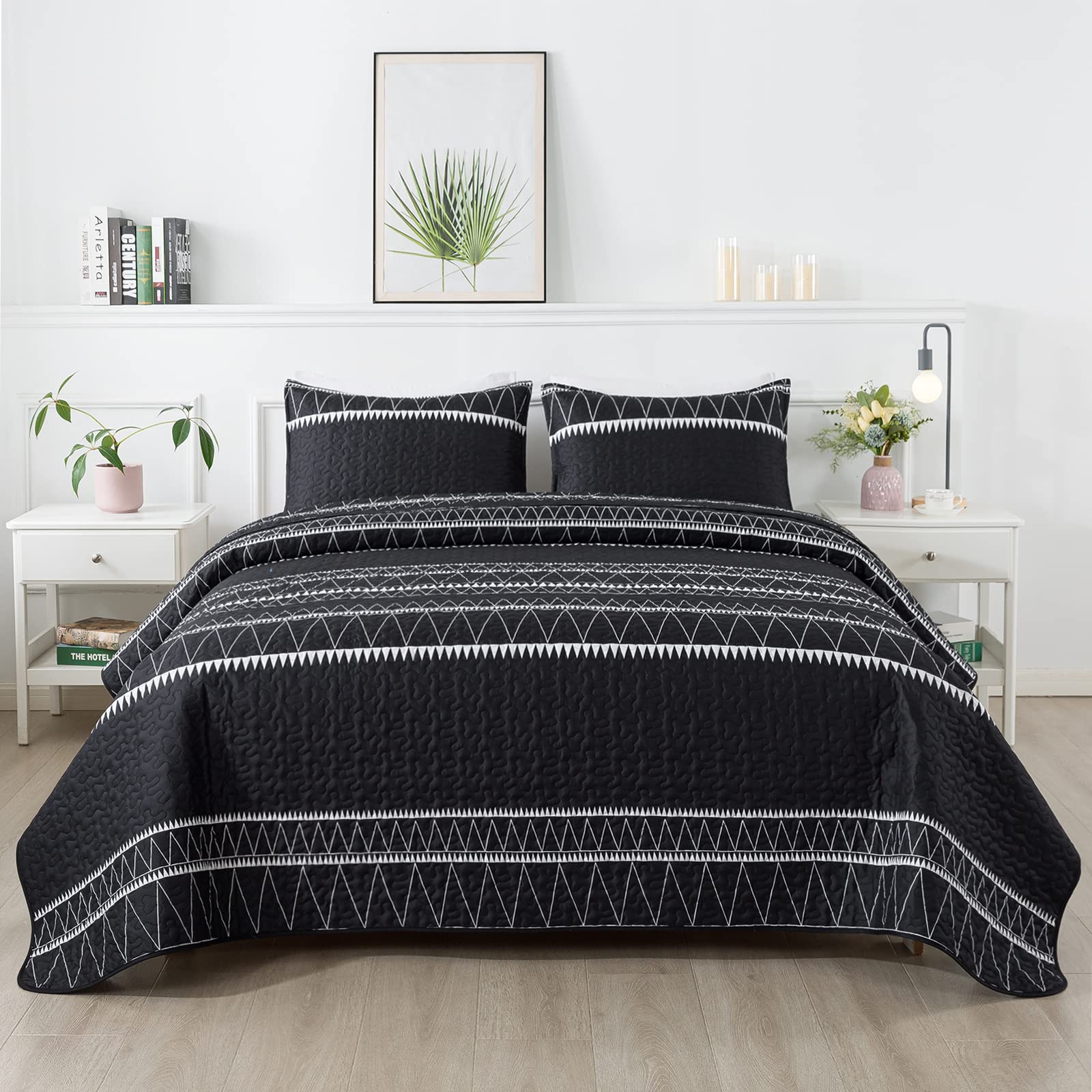 Andency Black Twin Quilt Set, 2 Pieces Boho Lightweight Soft Striped Bedspread for All Season (68"x86"), Printed Bohemian Microfiber Reversible Coverlet Comoforter Sets