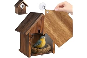 MOBYKE Window Bird Houses for Outside with Stainless Steel Guard, Birdhouse Cover Panel and Adhesive Hooks, Clear for Viewing Inside, Hanging Wooden Birdhouses for Outdoors, for Bluebird Finch Chickadee