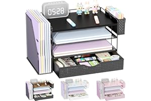 gianotter Wood Desk Organizers and Accessories with File Holder, 4-Tier Desk Accessories & Workspace Organizers with Drawer and Pen Holder, Paper Organizer for Office Supplies (Black)