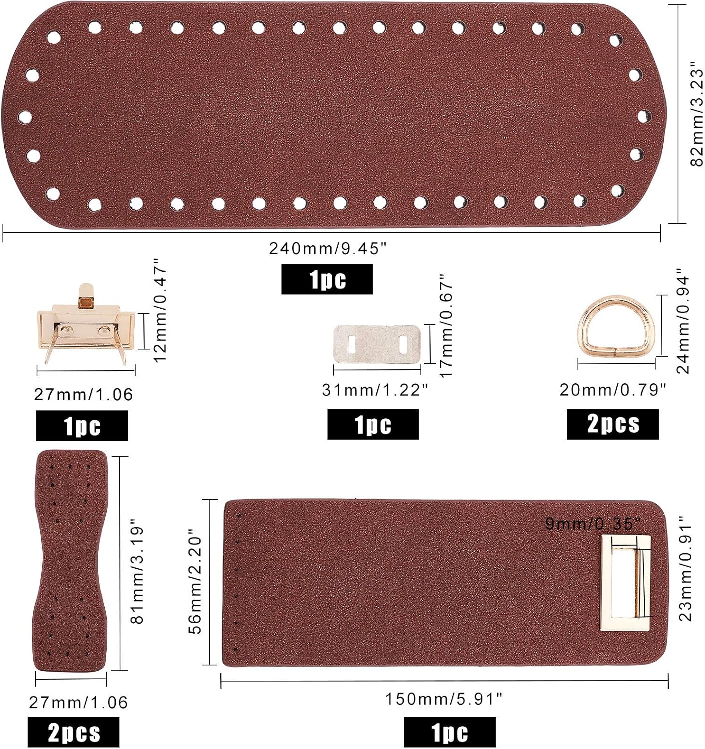PandaHall DIY PU Leather Bag Knitting Set, Leather Bag Bottom/Shoulder Strap/Bag Twist Lock/Flap Cover/Bag Buckles, Brown（7 Kinds of Accessories）