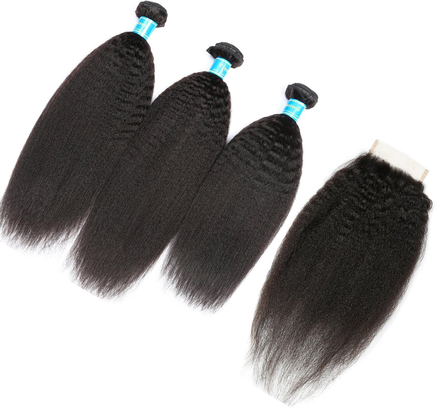 Grade 8A Virgin Brazilian Human Hair Extensions Wet Wavy Kinky Straight Hair Extensions 3 Bundles 100g/pcs More Thicker Hair Natural Color Soft Smooth with 4X4 Lace Closure (12 12 12 & Closure 12)
