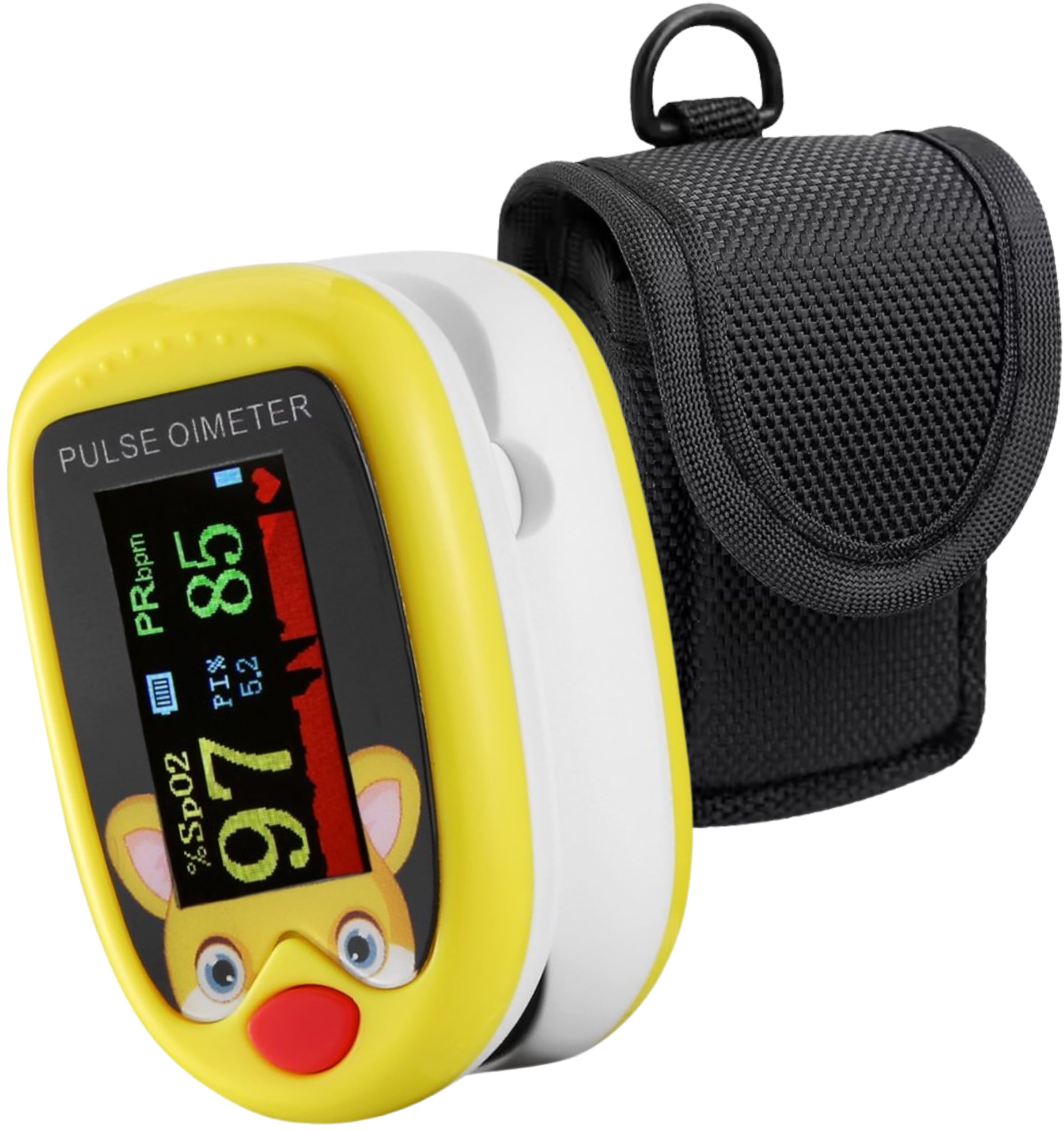 Pediatric Pulse Oximeter with Bag Heart Rate Stats Monitor Kids Finger Blood Oxygen Saturation Monitoring Children Oximetro SpO2 Levels Detection TFT Lanyard & USB (Bag with Yellow Toddler Oximeter)