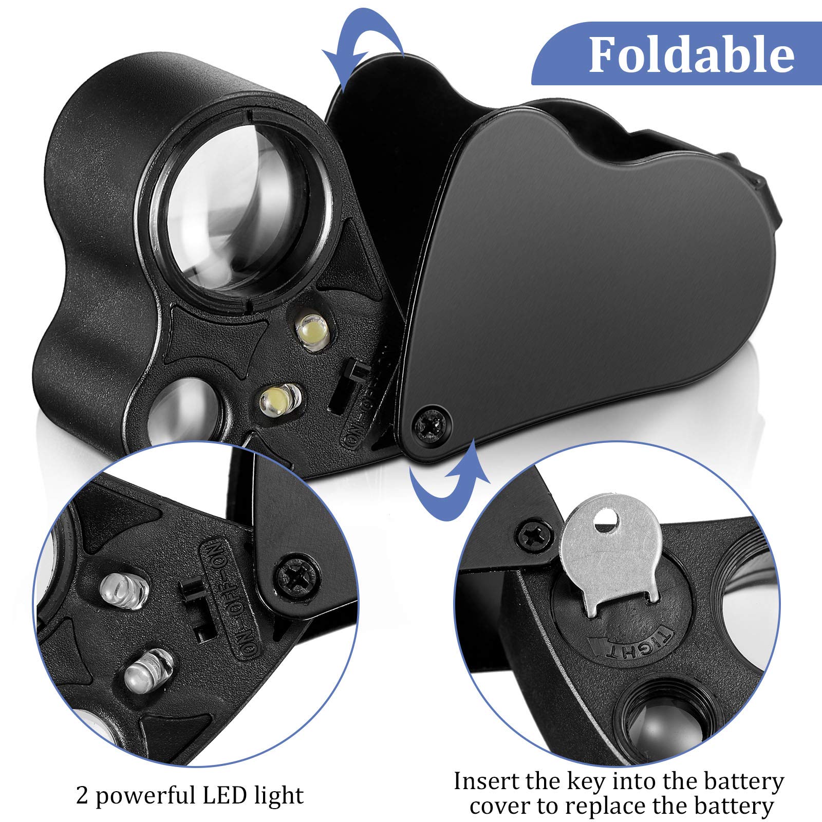2 Pieces Jewelers Loupe 30X 60X 90X Illuminated Eye Loupe Magnifier Jewelry Magnifying Glass Loop with UV Black Light and Bright LED Light for Diamond Gem Coin Stamp Rock(Black)