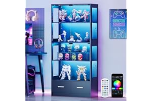 Lamtor Display Cabinet with Lights - 67" Curio Cabinet for Collectibles with Glass Door and 2 Drawers, 4 Tier Glass Display Case for Living Room, Black