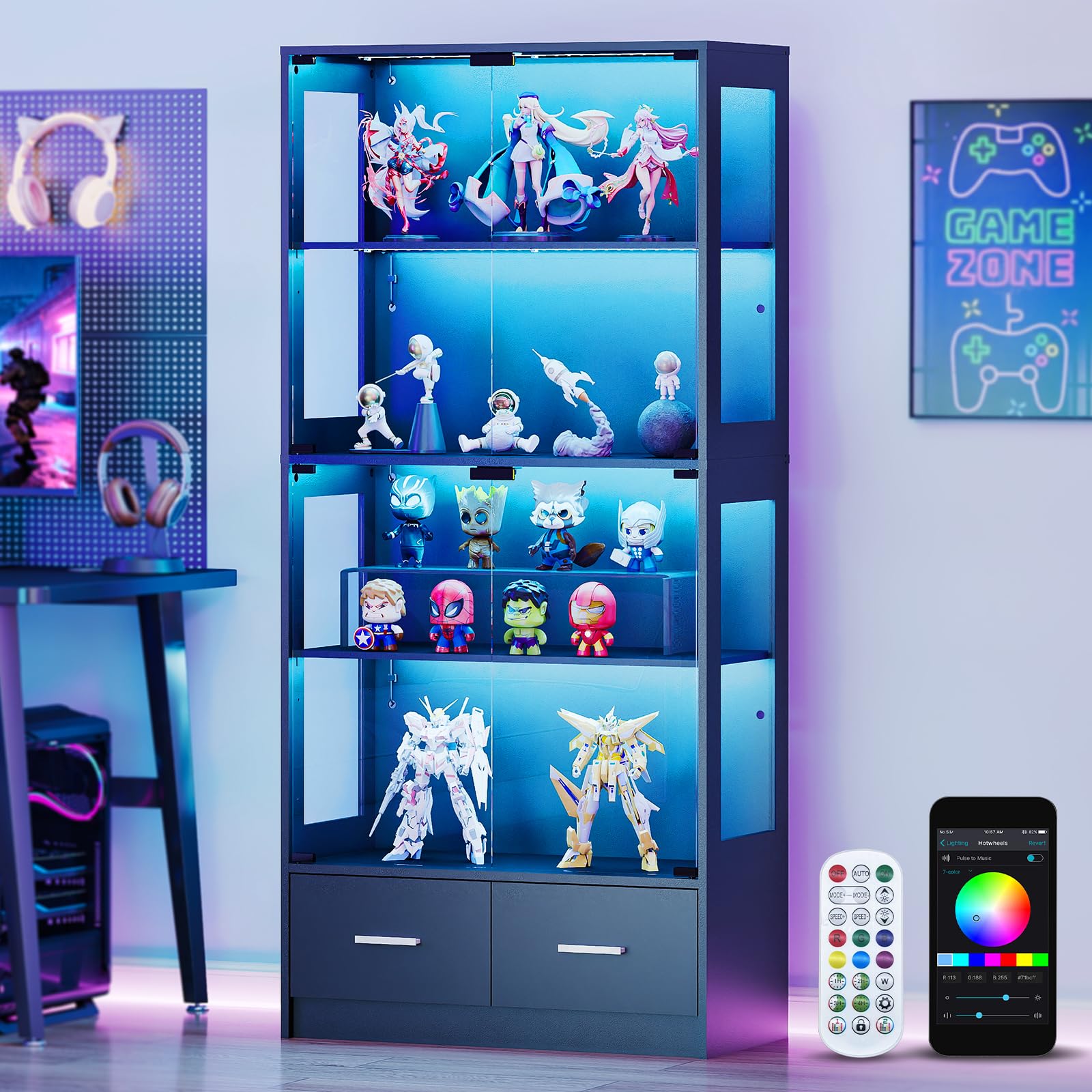 Photo 1 of **HAS SOME DAMAGED WOOD/WITH GLASS SHELVES***Lamtor 67" Black Glass Curio Cabinet with Lights | 4-Tier Shelves & 2 Drawers for Collectibles