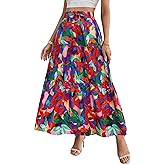 POPZONE Women Maxi Skirt Floral Boho Tiered Fall Summer Flowy Skirts Casual High Waist Long Skirts for Women