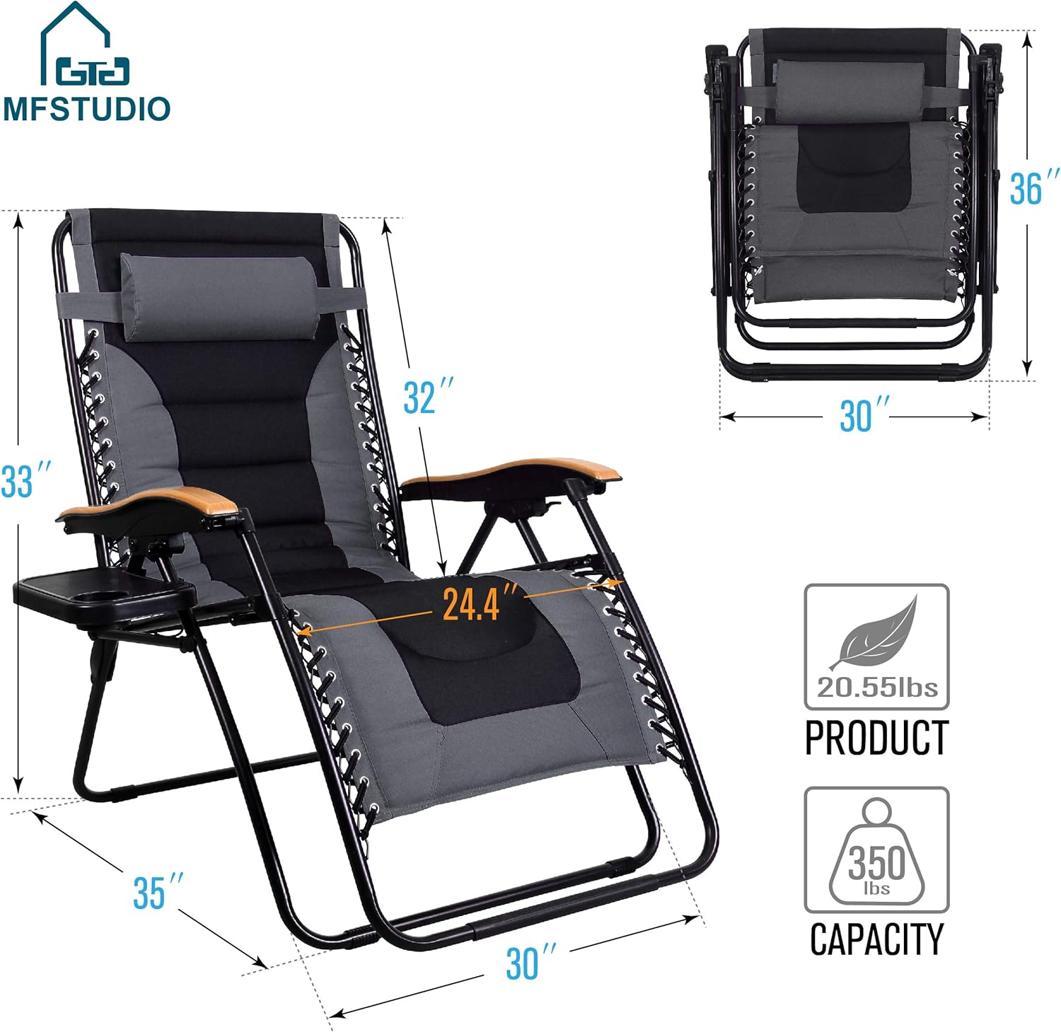 MFSTUDIO Oversized Zero Gravity Chair XL Patio Recliners Padded Folding Chair with Cup Holder, Extra Wide Chaise Lounge for Poolside Outdoor Yard Beach, Gray : Garden & Outdoor