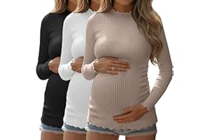 Huukeay 3 Pack Women's Maternity Shirts Ribbed Knit Pregnancy Tops Long Sleeve Mock Neck Basic Tunic Fall Clothes