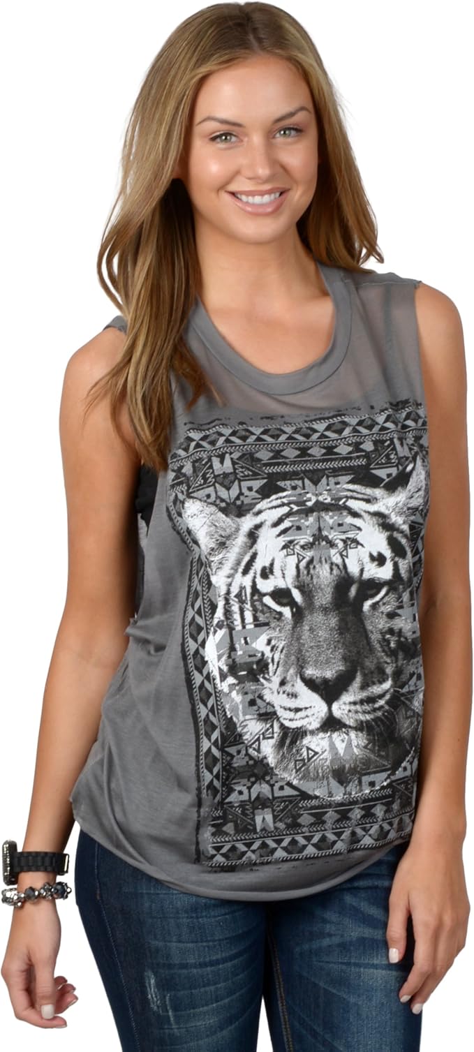 Brinley Co. Juniors Sleeveless Tiger Print Graphic Tee at Amazon Women