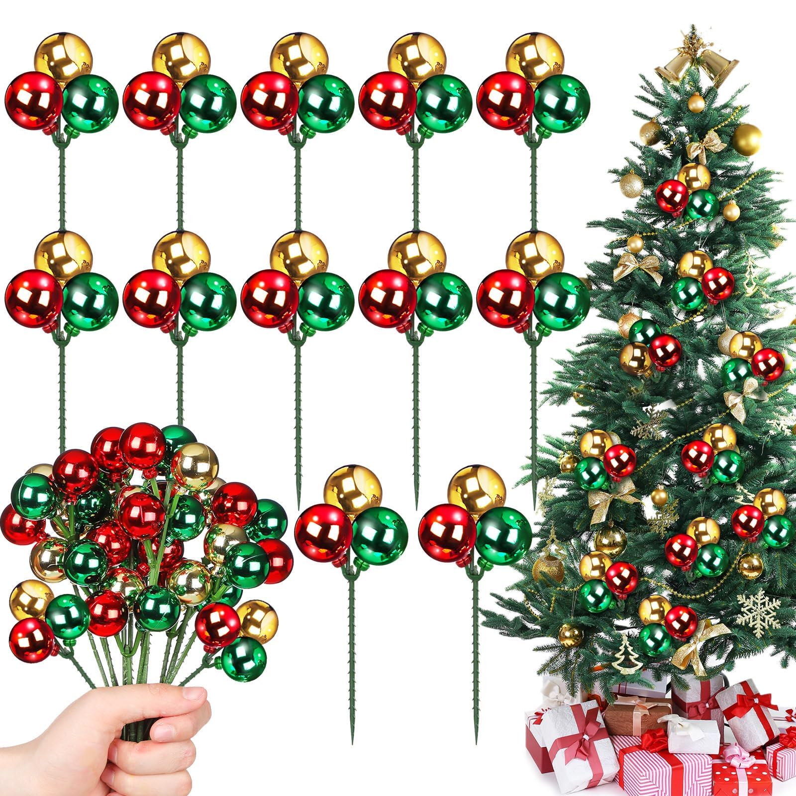 Photo 1 of 12-Pack 8.8 Inch Shatterproof Christmas Ball Picks – Black, Silver, White Ornaments on Wired Stems for Tree, Garland, Wreath, Vase, Stair Decor – Plastic Xmas Decoration Set (12)