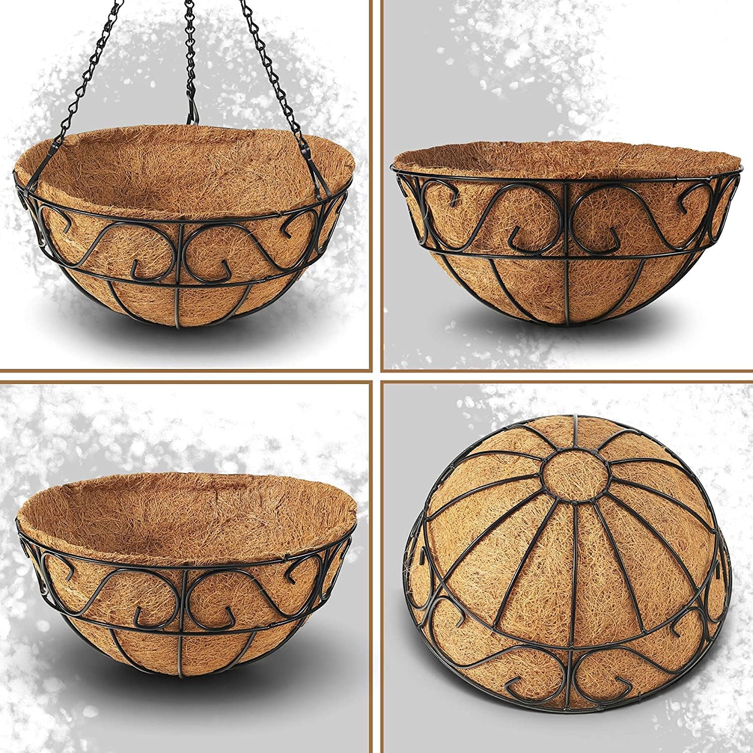 CABASAA 2 Pack Metal Hanging Planter Basket with Coco Coir Liner Chain Round Wire Plant Holder Flower Pots Hanger Garden Decoration Porch Decor Watering Hanging Baskets Indoor Outdoor (12INCH): Kitchen & Dining