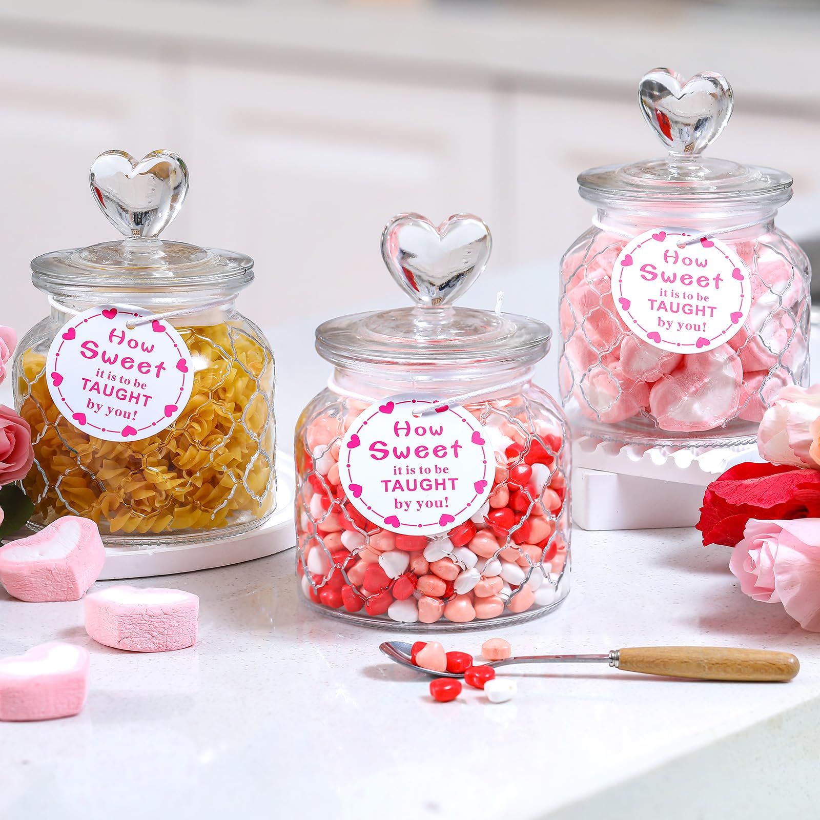 Photo 1 of Suclain 3 Set 22 oz Clear Glass Jars Heart Valentines Glass Container with Cute Heart Shaped Lids Set Valentines Day Gift Food Storage Glass Jars Cookie Jar Candy Jar for Party Kitchen and Dining Room
