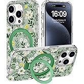 DEENAKIN for iPhone 15 Pro Max Case - Wireless Charging Compatible - Integrated Multi-Functional Kickstand - Protective Phone Case with Trendy Cute Designs for Women - Floral Greenery