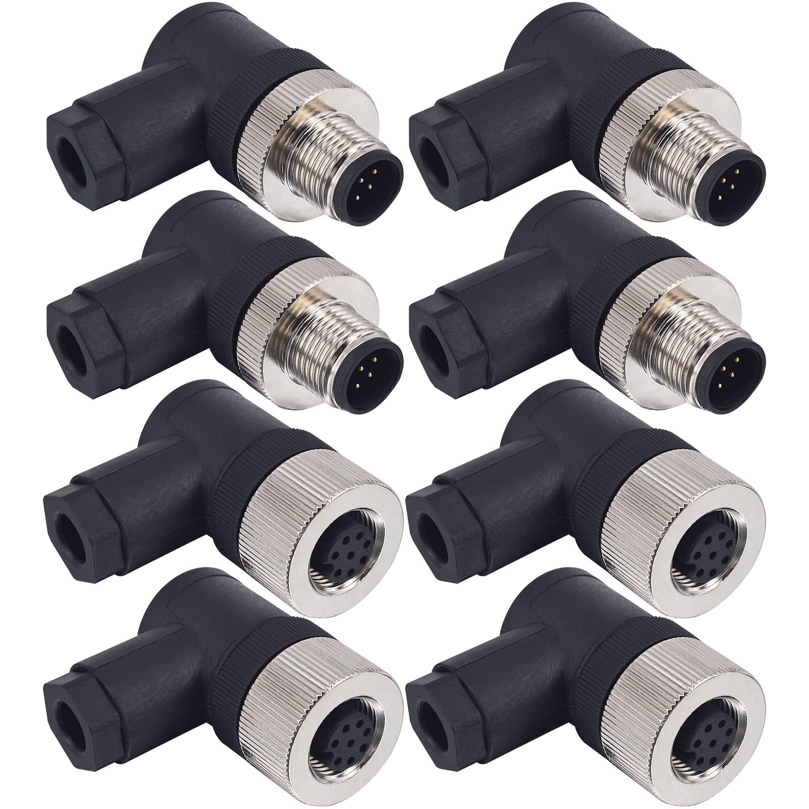 Lonlonty M12 8-Pin Right Angled Connector Kit, 4 Sets Male & Female Panel Mount, IP67 Waterproof Aviation Bulkhead Plug for Industrial/Marine.