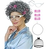 JoneTing Old Lady Wig【+ Hair Cap + White Glasses + Pearl Necklace with Hair Rollers】 Short Silver Gray Curly Wigs for Adults Granny Wig 100 Days of School Costume for Halloween Christmas Party Oufit