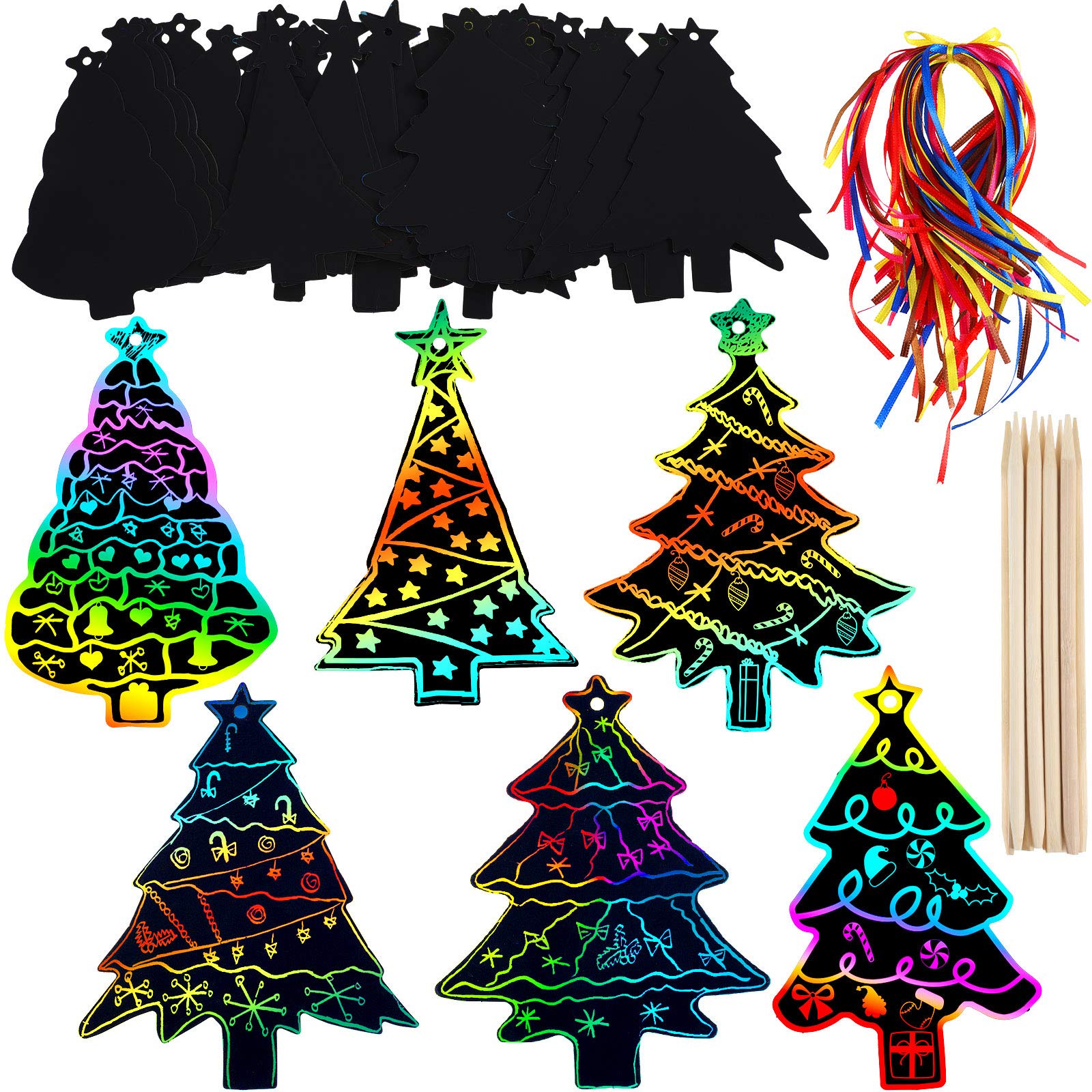Mudder 60 Pieces Christmas Tree Scratch Ornaments Paper Rainbow Art Colorful Scratch Off with 60 Pieces Ribbons and 10 Pieces Wooden Styluses for Xmas DIY Decorations for Kids Gift Crafts