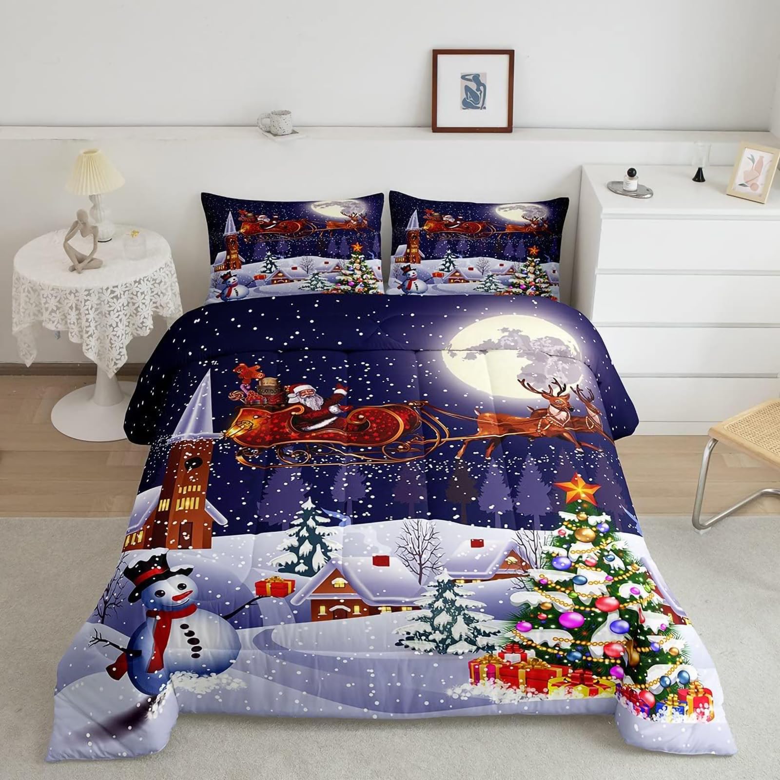 Tabeskly Kids Boy Girl Christmas Xmas Santa Claus Gifts Soft Zipper Bed Bedding Duvet Cover Set Double White Black 200×200cm