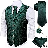 Barry.Wang Men's Suit Vest Tie Bowtie Set Formal Silk Paisley Waistcoat Hanky Cufflinks Lapel Pin Set Wedding Party 7PCS