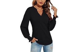 Romanstii Women's Casual V-Neck T-Shirts Loose Puff Long Sleeve Tops Tunic Blouses