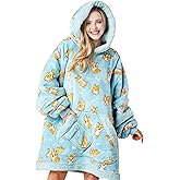 Giggling Getup Wearable Blanket Hoodie for Adults Gifts for Teen Girls Sister Women Sherpa Fleece Printed Hooded Blanket Sweatshirt Warm Cozy with Pocket & Sleeves Blue Corgi