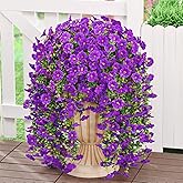 MARTINE MALL 4 Pcs Look Real Artificial Flowers for Outdoors, Realistic Artificial Hanging Flowers for Outdoors, UV Resistant Fake Hanging Plants Silk Petunia Faux Flowers for Porch Patio, Purple