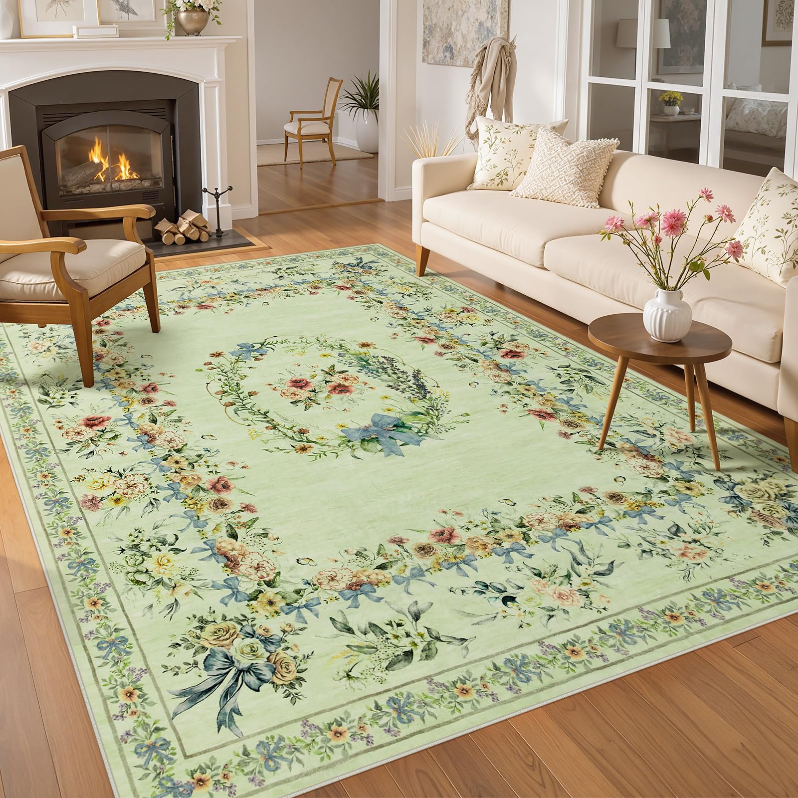joydeco boho bow floral large rugs for living room nursery, washable beige kids bedroom rug 8x10 und