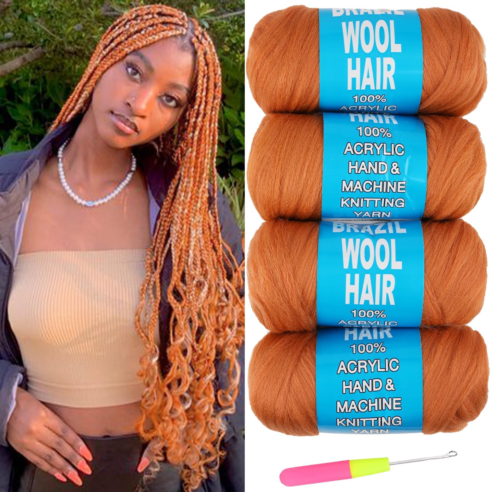 Ainimiu 4 Roll Brazilian Wool Hair for Braiding Faux Locs Crochet for Women Synthetic Braiding Hair Extensions