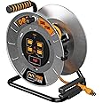Masterplug 1ft Cord Reel, Metal Cable Drum, Retractable Extension Lead with Winding Handle, Safety Overload Circuit Breaker and Power Switch, 4x Grounded Outlets, 15amps, 12AWG Cable