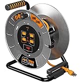Masterplug 1ft Cord Reel, Metal Cable Drum, Retractable Extension Lead with Winding Handle, Safety Overload Circuit Breaker and Power Switch, 4x Grounded Outlets, 15amps, 12AWG Cable