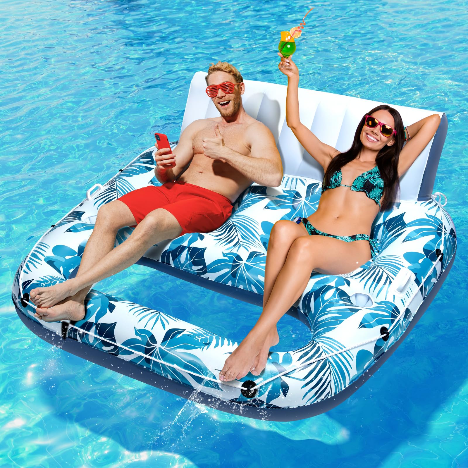 Photo 1 of JCLEAL Pool Float Lounger Adult Inflatable Pool Floaties Rafts for 2 Person Extra Large Recliner Tanning Lounge Chair Water Floaty with Backrest Footrest Cup Holder for Party River Beach Lake Vacation