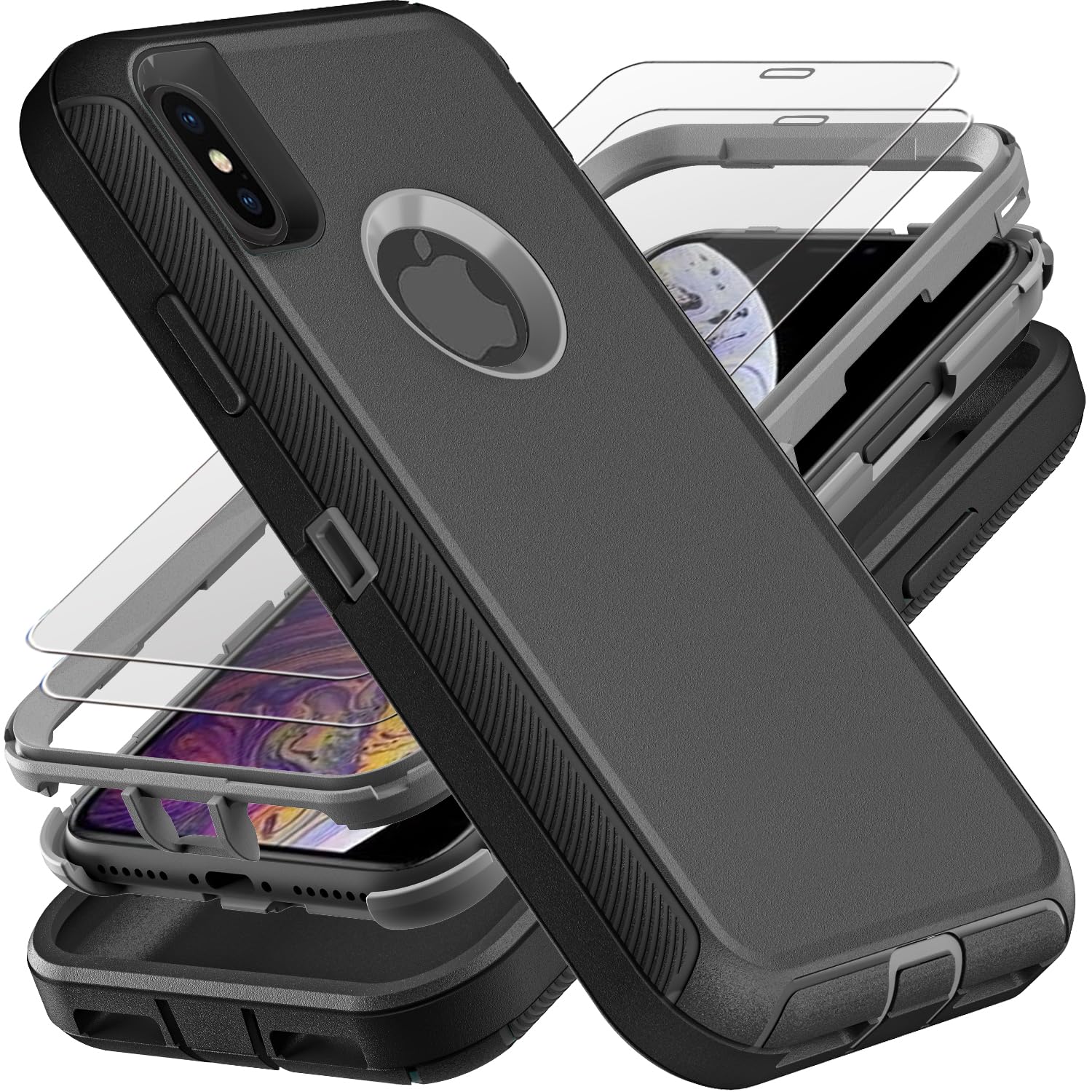 YKHJKLEC for iPhone Xs Max Case, Military Grade 3 in 1 Heavy Duty Shockproof/Drop Proof/Dust Proof Case with 2Pcs Tempered Glass Screen Protector (Black/Grey)