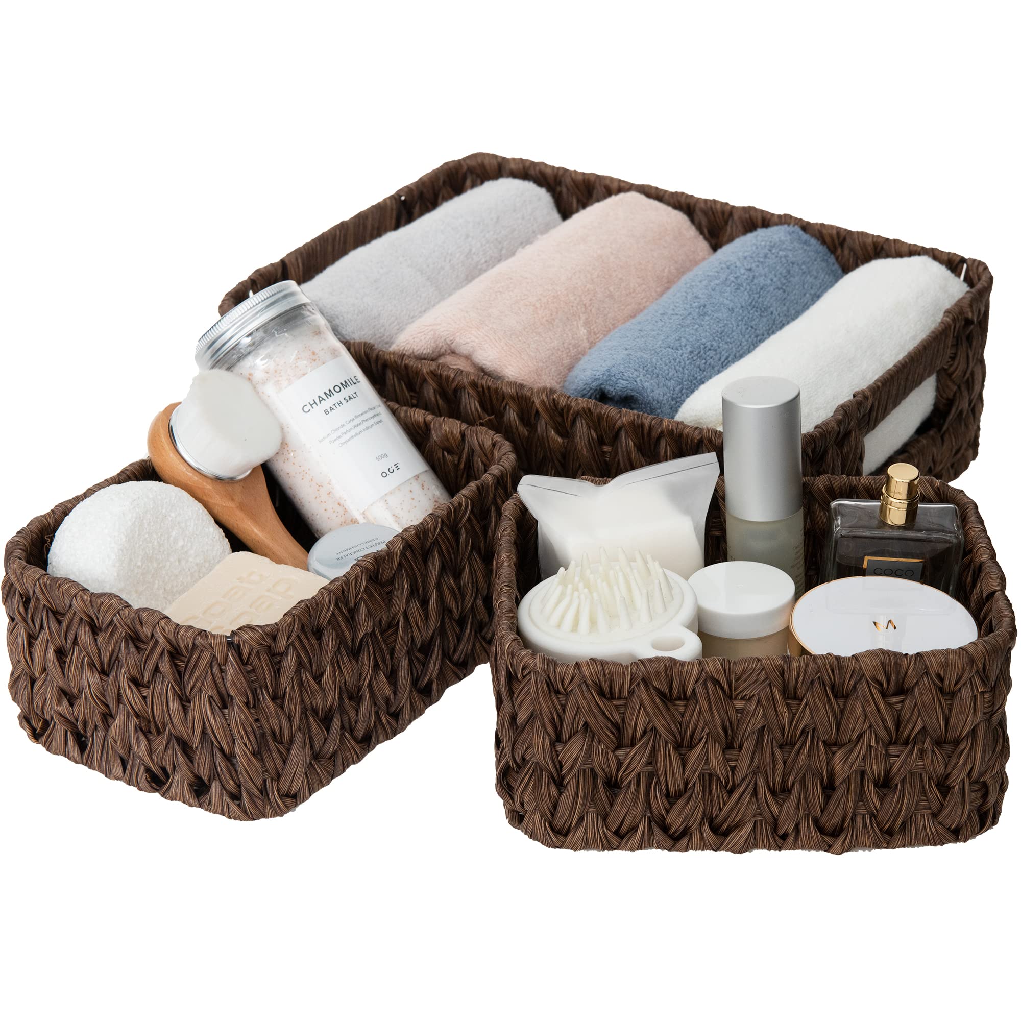 GRANNY SAYS Wicker Baskets for Organising, Pack of 3 Nesting Storage Baskets for Shelves, 1 Large Wicker Basket Storage and 2 Small Baskets Waterproof, Wicker Storage Baskets for Bathroom Shelf, Brown