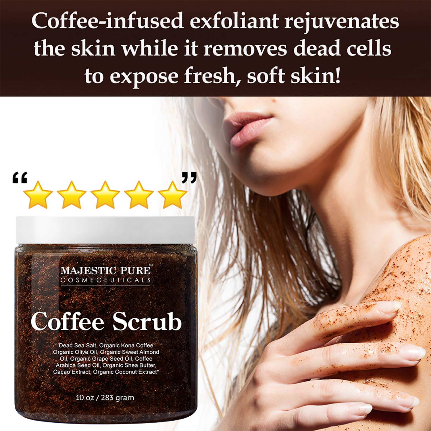 Majestic Pure Arabica Coffee Scrub - All Natural Body Scrub for Skin Care, Stretch Marks, Acne & Cellulite, Reduce the Look of Spider Veins, Eczema, Age Spots & Varicose Veins - 10 Ounces : Beauty