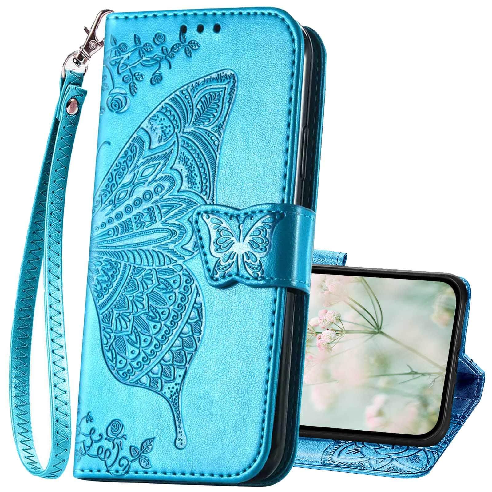 Photo 1 of KRHGEIK for iPhone 16 Wallet Case for Women,Butterfly Embossed Flip Folio PU Leather Stand Card Holder Slots Phone Protective Cover for iPhone 16 6.1" (Blue)