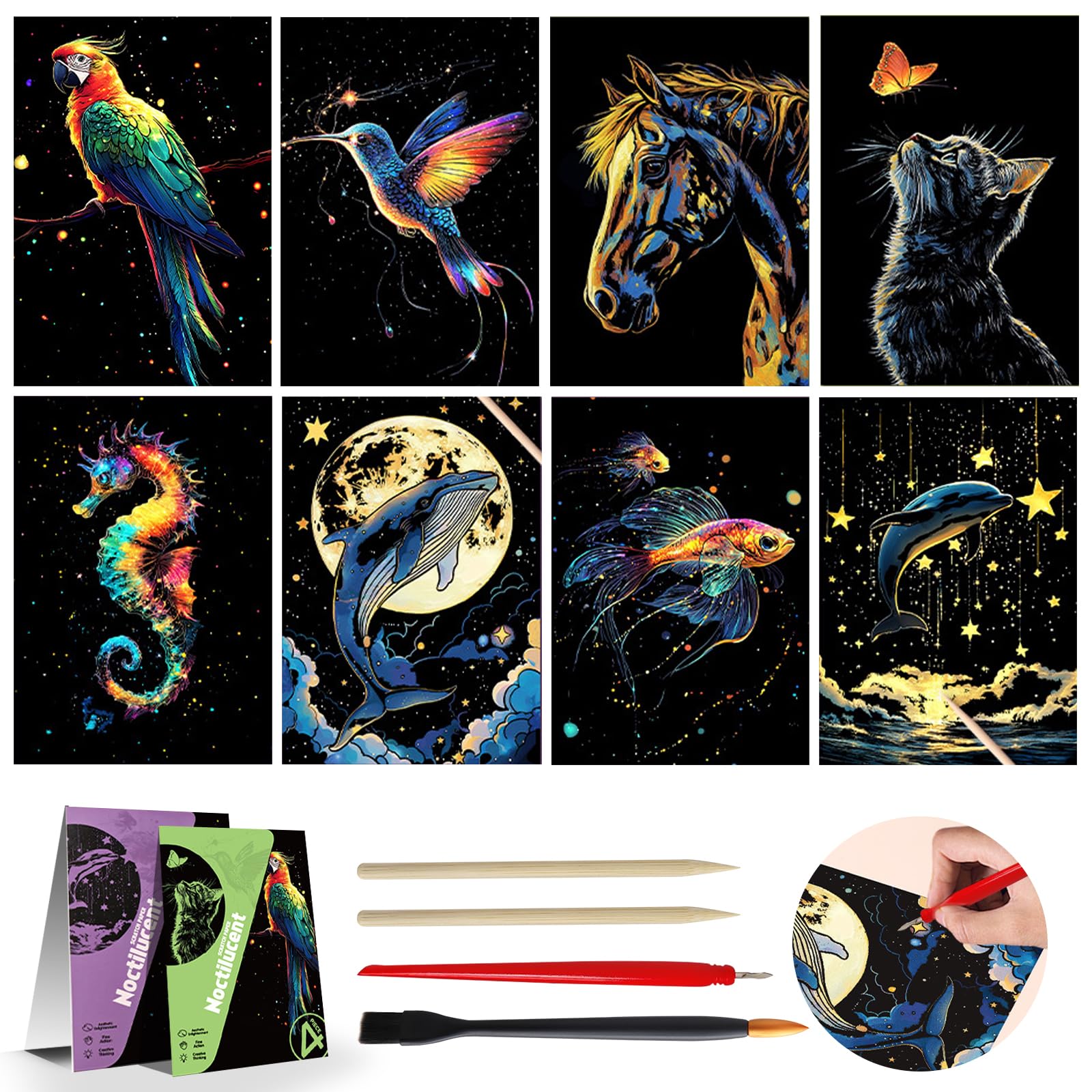 Cosysparks Scratch Art for Kids Adults, 8 Pcs Glow in The Dark Animal Scratch Art Paper Creative Scratch Painting Kits with 4 Pcs Tools