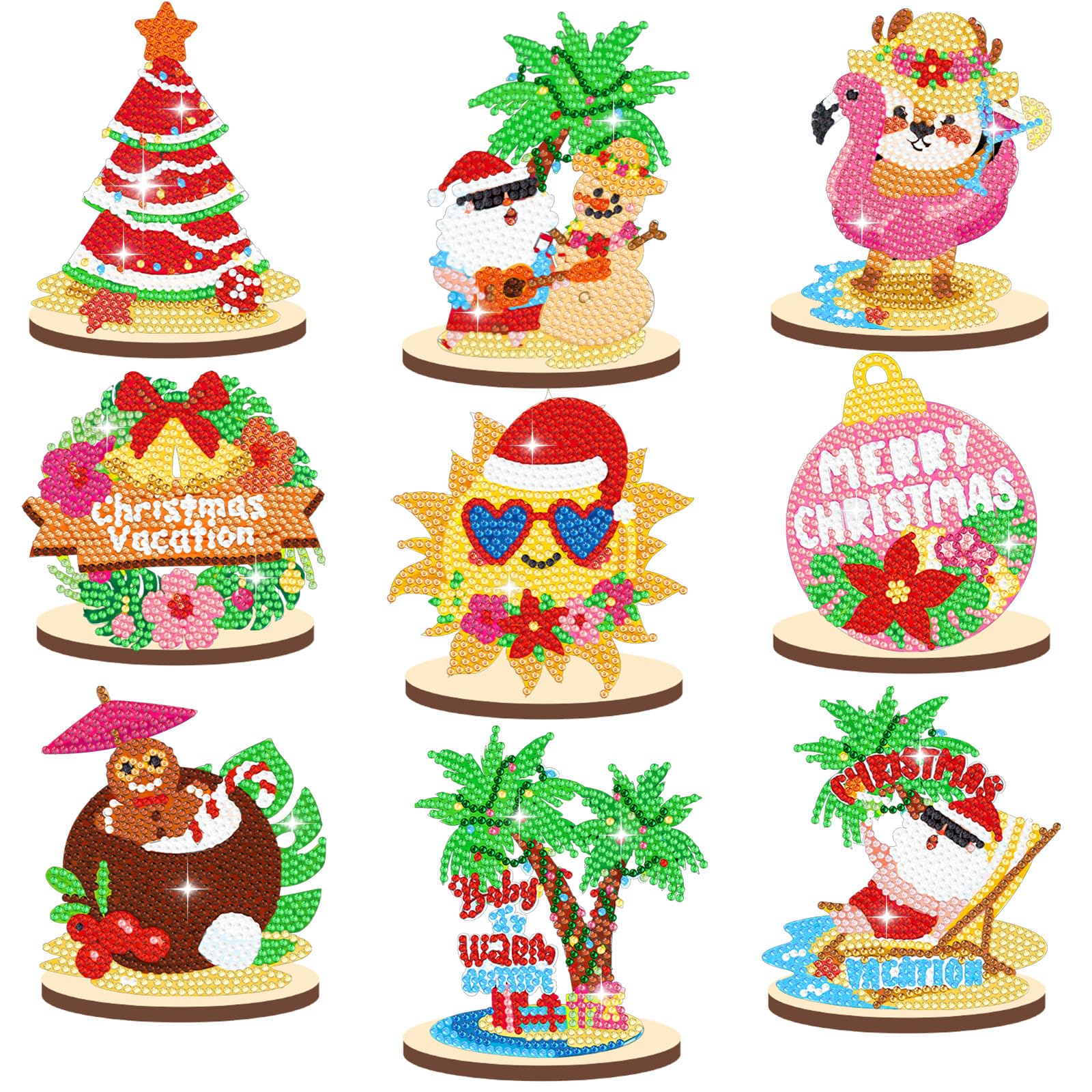 Photo 1 of 9 Pcs Christmas in July DIY Diamond Art Painting Kit Summer Beach Santa Tree Tabletop Diamond Art Painting Craft Ornament for Tropical Christmas Luau Party Decorations