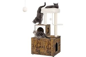 FourFurPets 45in Separable Cat Tree with Cat Litter Box Enclosure, Multipurpose Cat Tower and Condo with Large Platform, Cat House, Full Sisal Posts, Removable Washable Cushion, Rustic Brown