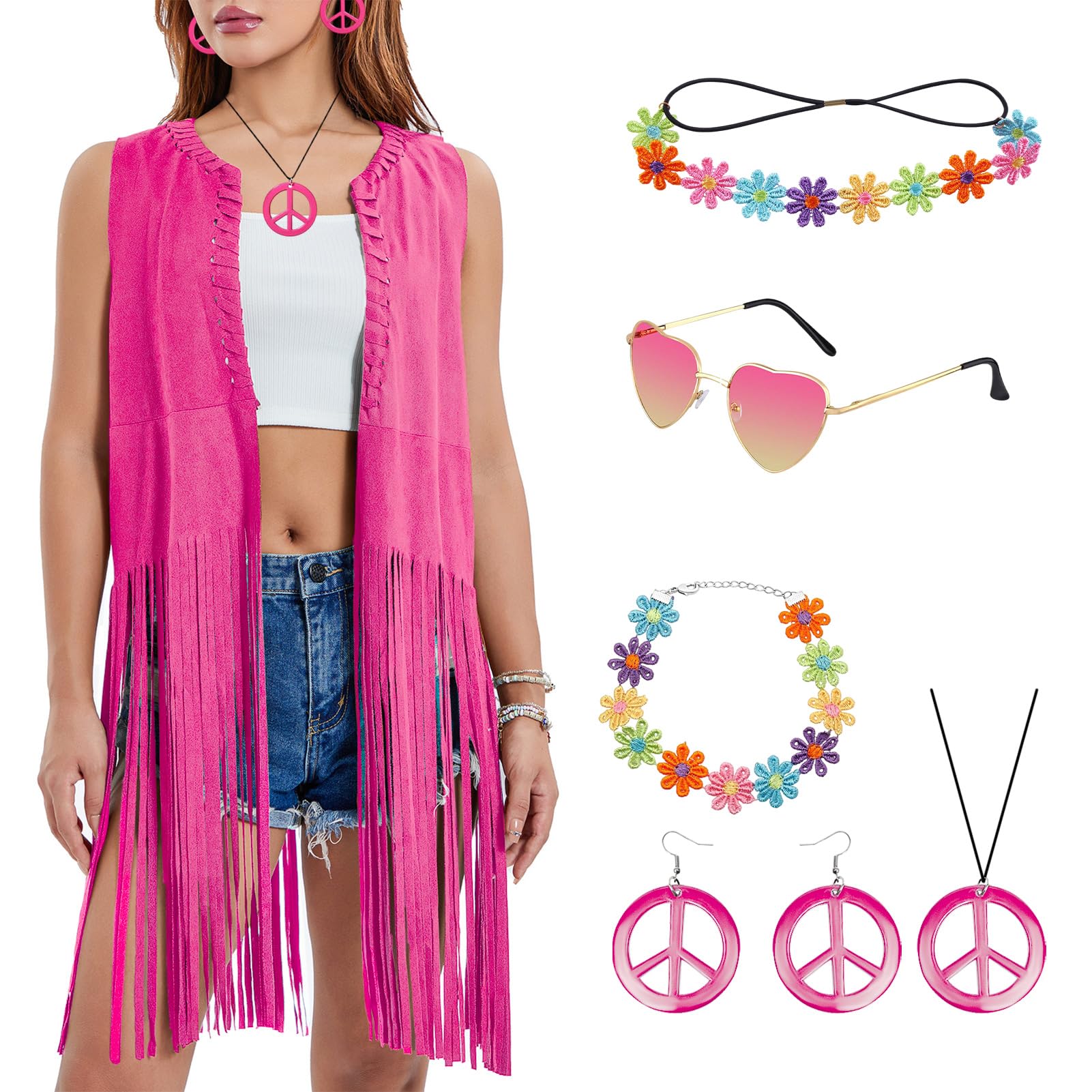 Matreeglam Hippie Costume Set for Women, 70s Fancy Dress Ladies, Pink Fringe Vest with Sunglasses Headband, Hippie Disco Costume Accessories for Halloween Carnival Party (Pink, 2XL)