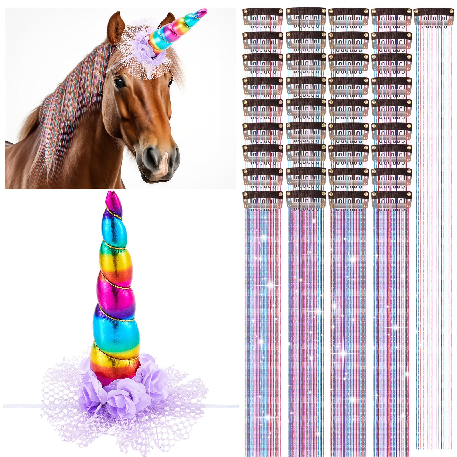 Photo 1 of Juexica 19 Halloween Costumes for Horses to Wear, Unicorn Bling Accessory for Horses Include 1 Pcs Unicorn Horn, 18 Pcs Clip in Hair Extensions for Real Horse Party Decor