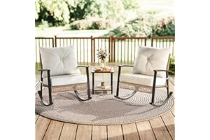 SUNCOZE 3 Piece Patio Furniture Set, Outdoor Rocking Chairs Set of 2 with Coffee Table, Patio Bistro Set Patio Rocking Chair Oversize Rattan Conversation Sets for Garden, Balcony, Backyard