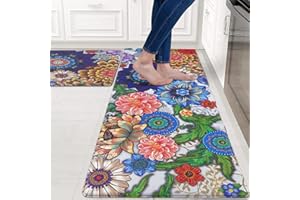 ASPMIZ Boho Floral Kitchen Rugs Set of 2 Non Slip Washable, Farmhouse Kitchen Mats Cushioned Anti Fatigue, Waterproof Bohemian Flower Kitchen Rug Mats for Floor, Purple, 18'' x 48'' + 18'' x 30''