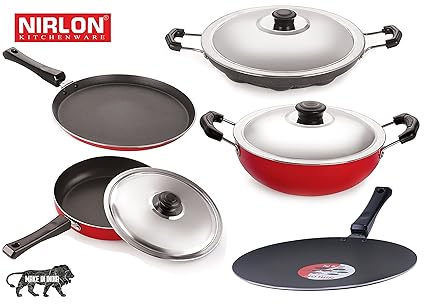 Nirlon Non-Stick Aluminium Cookware Set, 5-Pieces, Red (26FT12CTFP12DKDBAP_3)