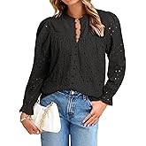 Simplee Womens Casual Tops Blouse 2025 Eyelet Embroidered Puff Long Sleeve Fall Top Dressy Lace Button Shirts