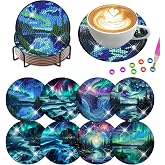 Lophomie Northern Lights 8 Pcs Diamond Art Coasters Kits for Adults with Holder Cork Pads, DIY Non-Slip Diamond Painting Coasters for Home Office Decor 4x4in (Aurora)