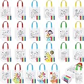 Chunful 24 Pcs Coloring Goodie Gift Bags for Kids Birthday Party Reusable Coloring Tote Bags Cute Cartoon Colorful Party Favor Non Woven with Colorful Pens DIY Crafts (Lovely with Maker)