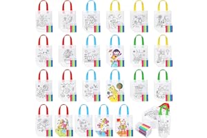Chunful 24 Pcs Cute Coloring Goodie Gift Bags for Kids Birthday Party Coloring Tote Bags Reusable Cartoon Colorful Party Favor Non Woven with Colorful Pens DIY Crafts (Lovely with Maker)